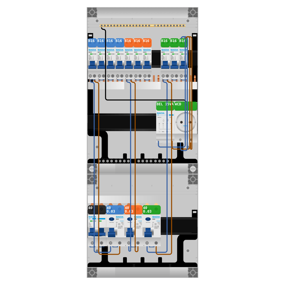 Groepenkast 1 fase 10 groepen + beltrafo + wcd