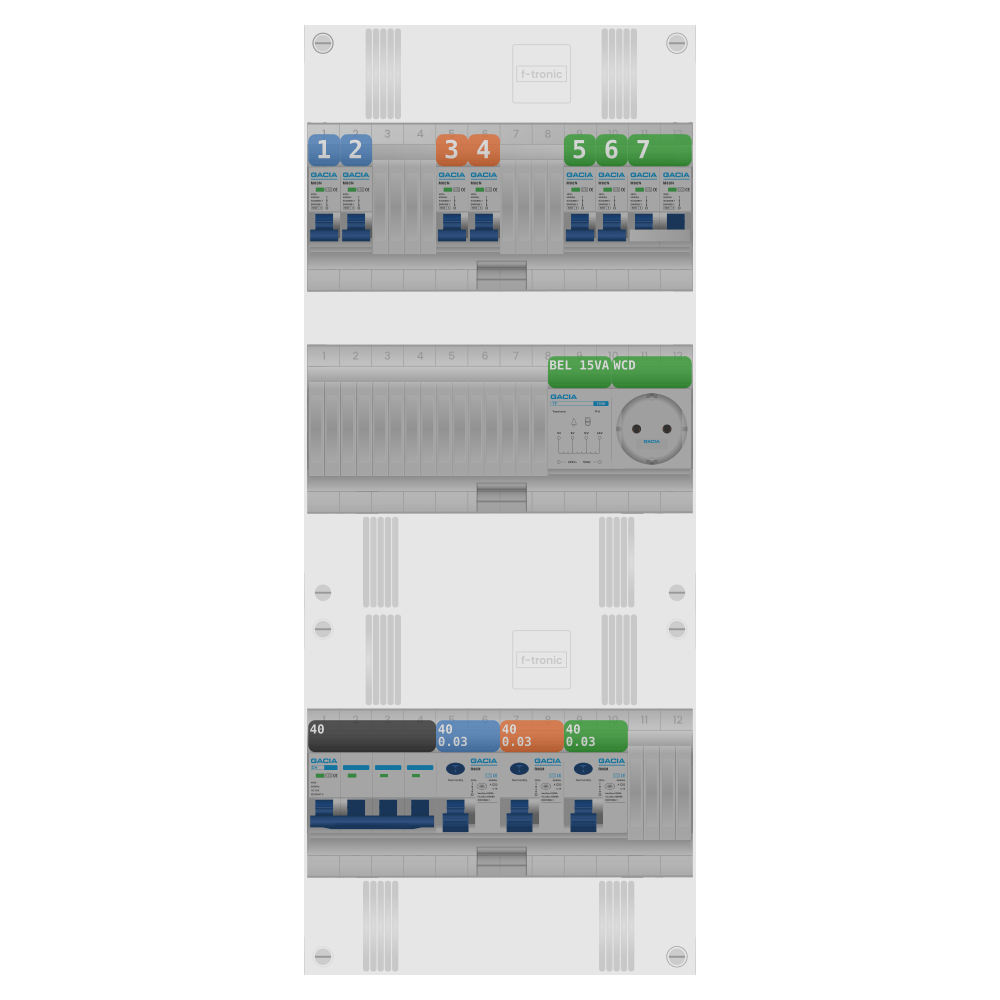 Groepenkast 3 fase 6 groepen + beltrafo + wcd + kookgroep