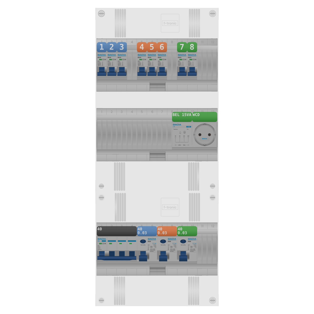 Groepenkast 3 fase 8 groepen + beltrafo + wcd