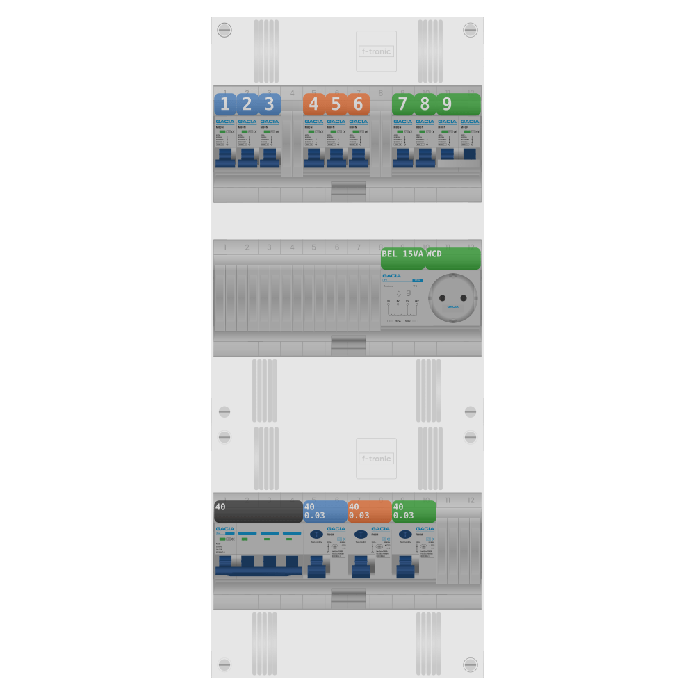 Groepenkast 3 fase 8 groepen + beltrafo + wcd + kookgroep