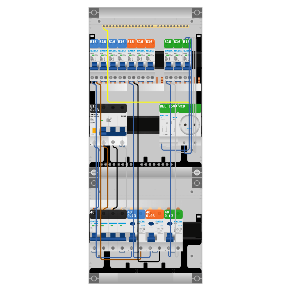 Groepenkast 3 fase 10 groepen + beltrafo + wcd + kracht