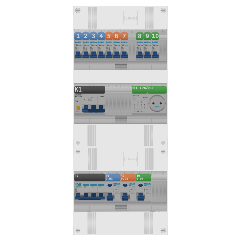 Groepenkast 3 fase 10 groepen + beltrafo + wcd + kracht