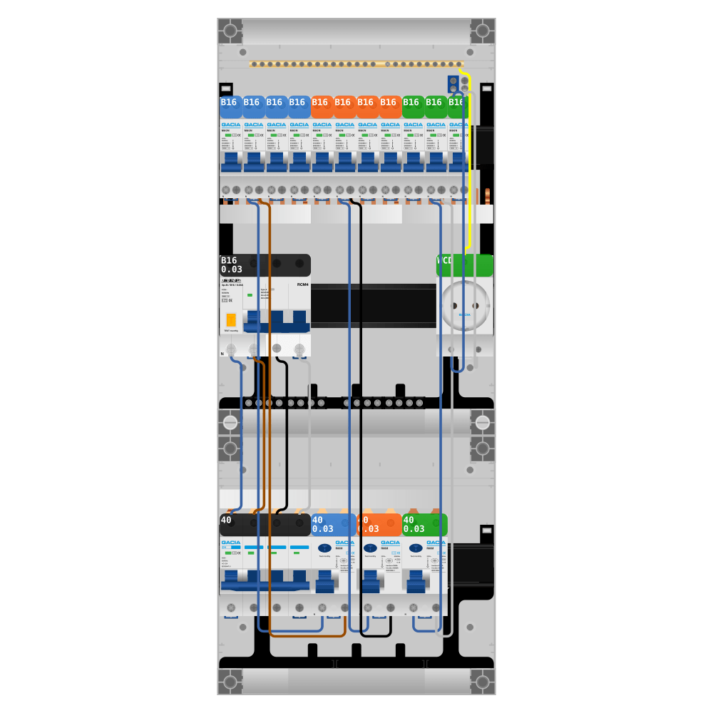 Groepenkast 3 fase 11 groepen + wcd + kracht