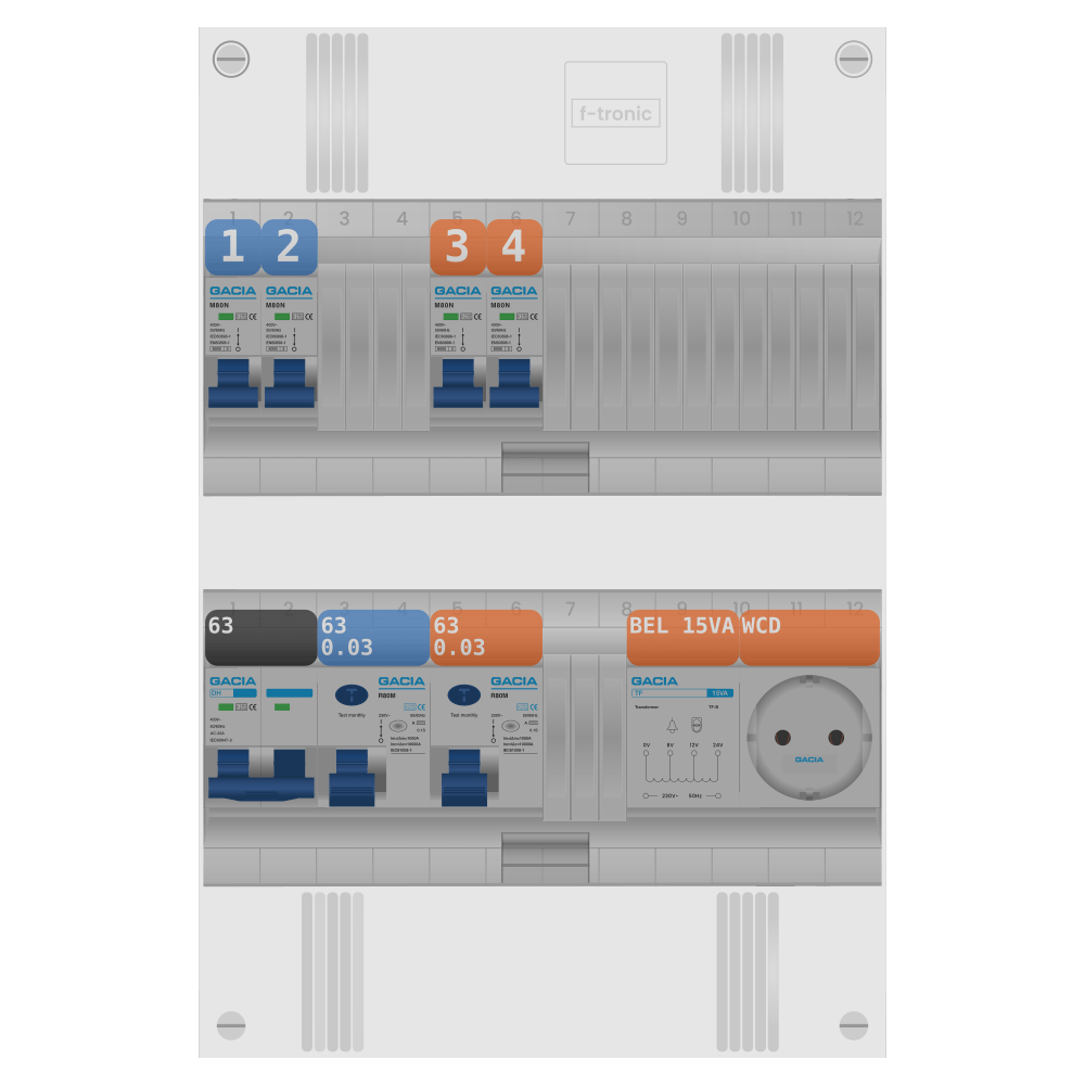 Groepenkast PV-ready 63A 1 fase 4 groepen + beltrafo + wcd
