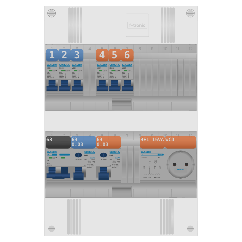 Groepenkast PV-ready 63A 1 fase 6 groepen + beltrafo + wcd