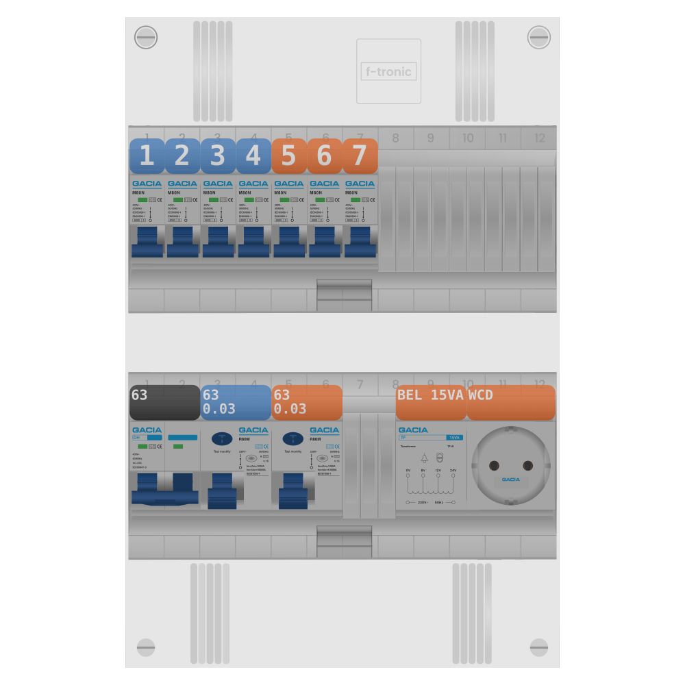 Groepenkast PV-ready 63A 1 fase 7 groepen + beltrafo + wcd