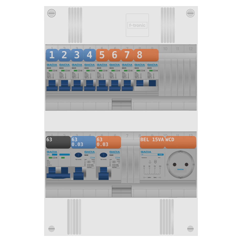 Groepenkast PV-ready 63A 1 fase 7 groepen + beltrafo + wcd + kookgroep