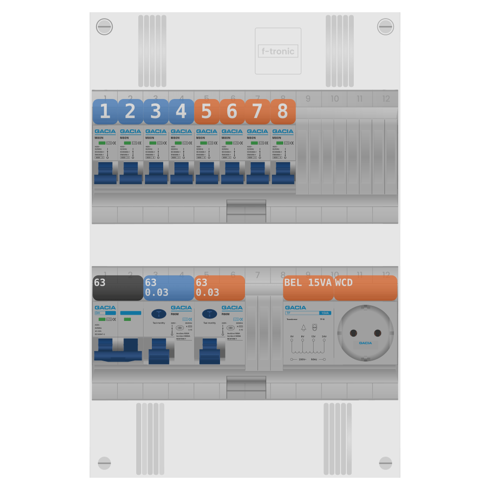 Groepenkast PV-ready 63A 1 fase 8 groepen + beltrafo + wcd