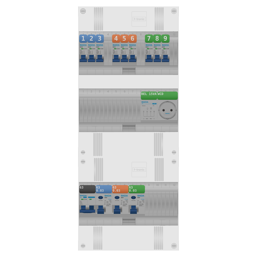 Groepenkast PV-ready 63A 1 fase 9 groepen + beltrafo + wcd