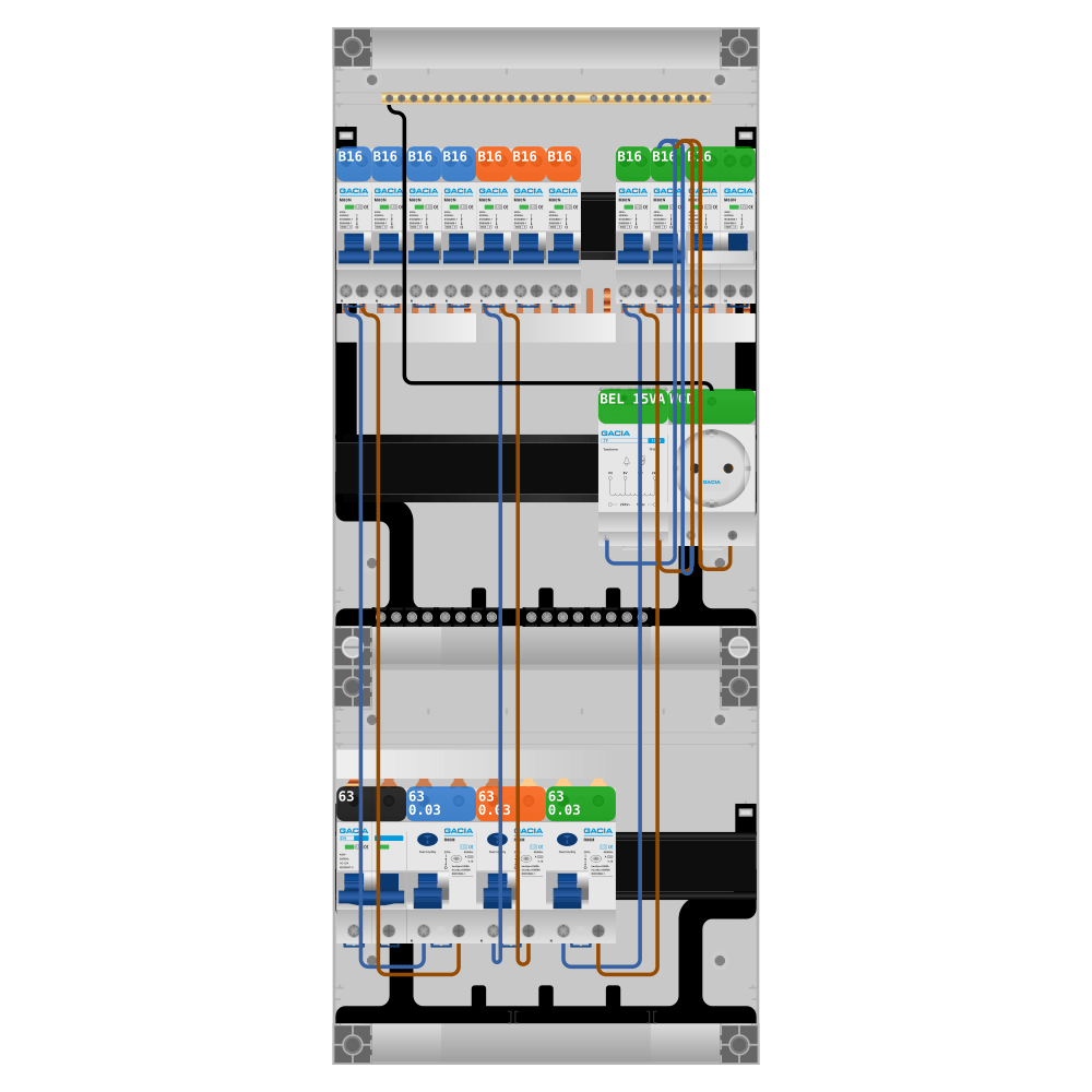 Groepenkast PV-ready 63A 1 fase 9 groepen + beltrafo + wcd + kookgroep
