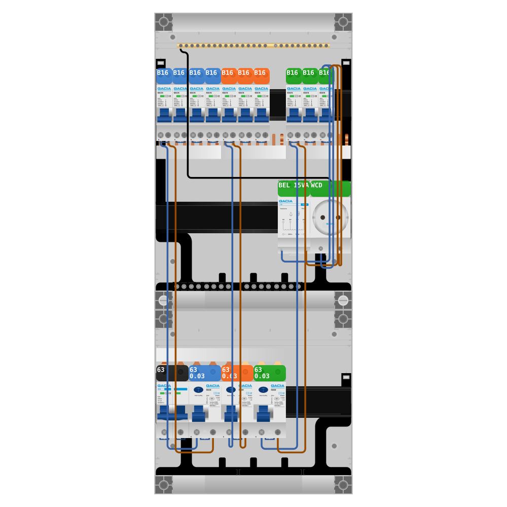 Groepenkast PV-ready 63A 1 fase 10 groepen + beltrafo + wcd