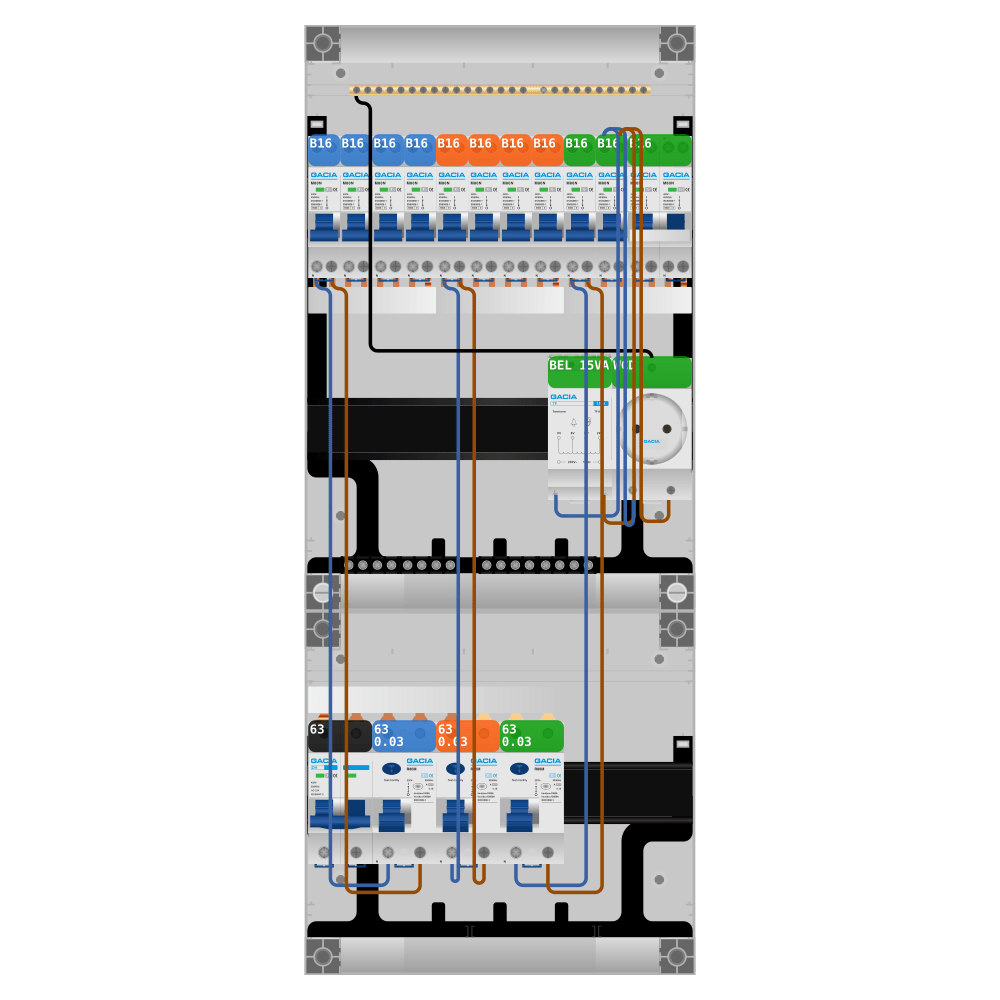 Groepenkast PV-ready 63A 1 fase 10 groepen + beltrafo + wcd + kookgroep