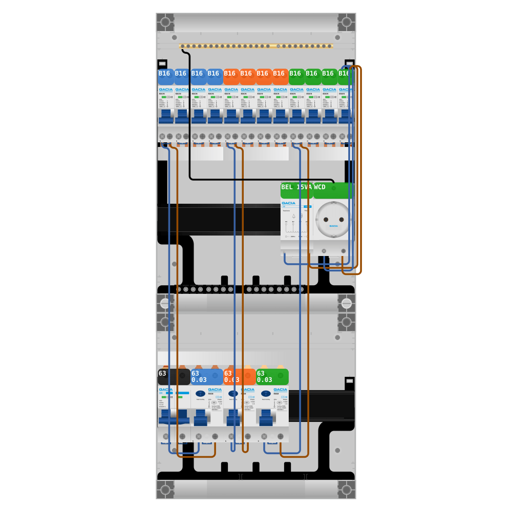 Groepenkast PV-ready 63A 1 fase 12 groepen + beltrafo + wcd