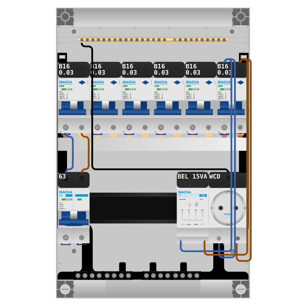 Groepenkast PV-ready 63A 1 fase 6 alamat + beltrafo + wcd