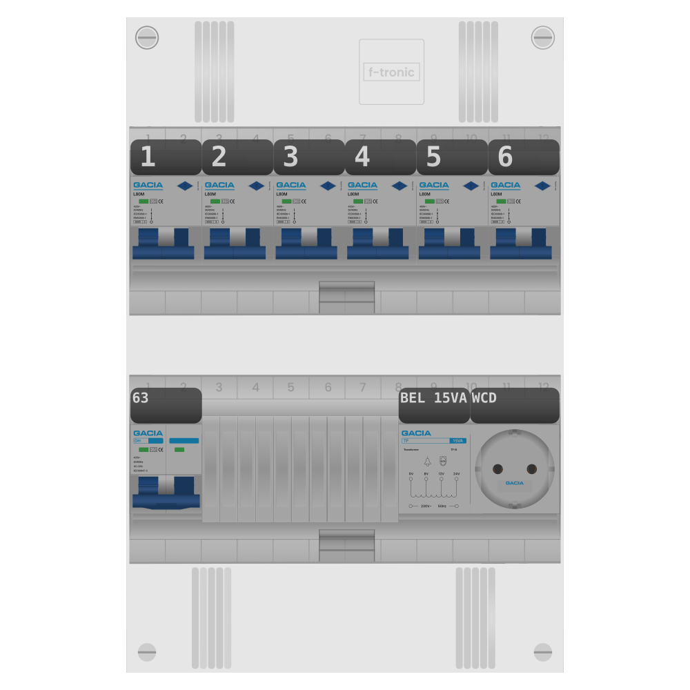 Groepenkast PV-ready 63A 1 fase 6 alamat + beltrafo + wcd