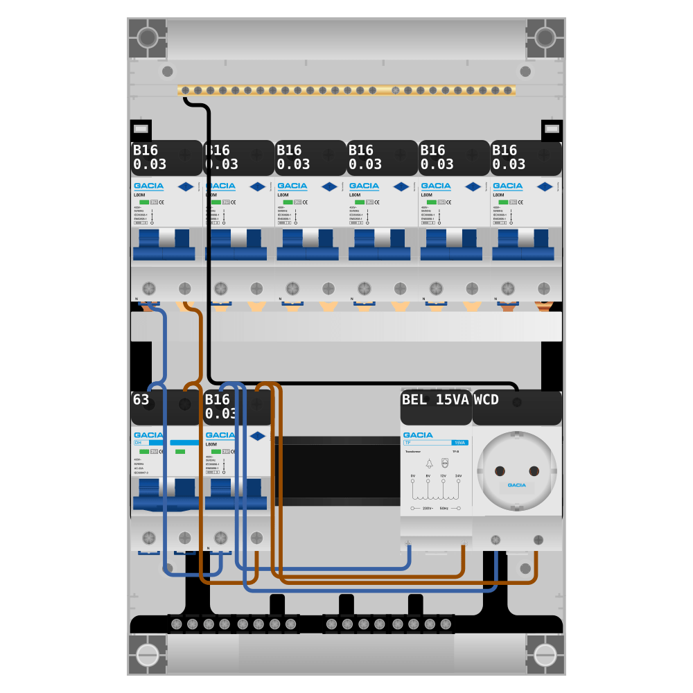 Groepenkast PV-ready 63A 1 fase 7 alamat + beltrafo + wcd