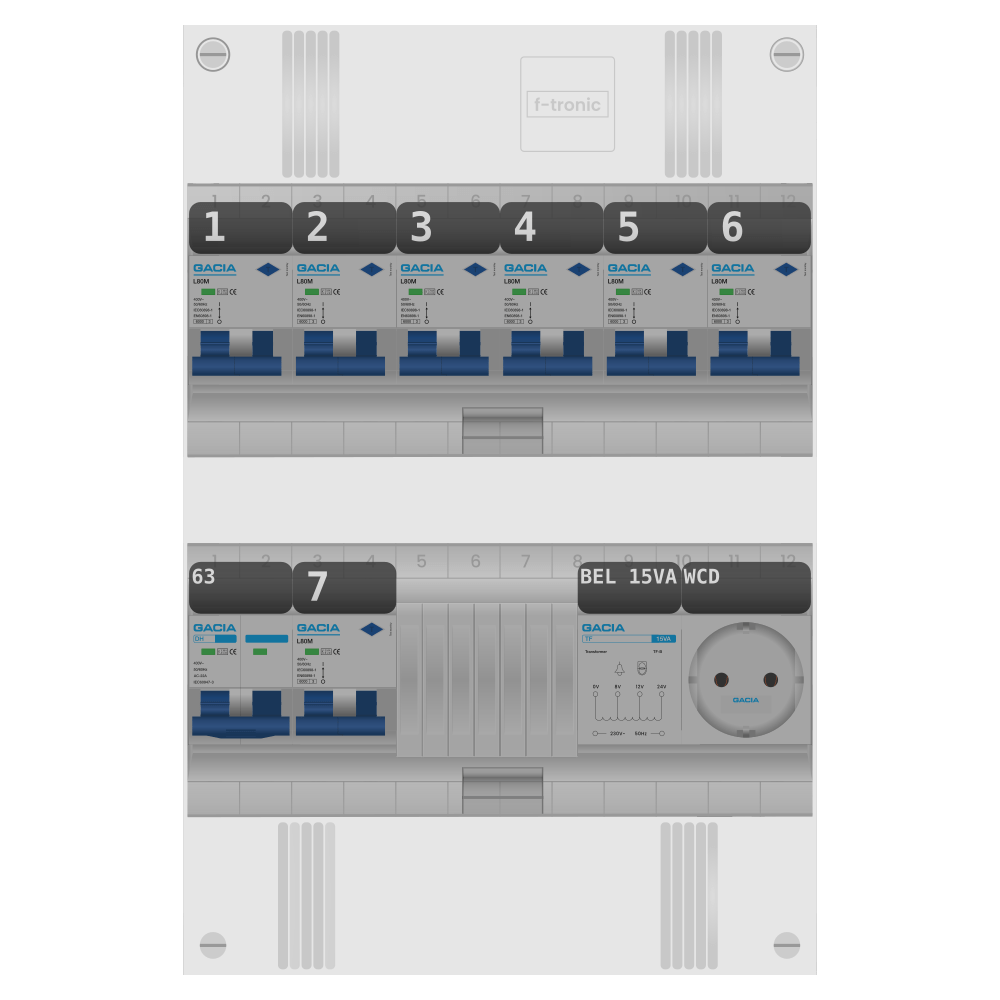 Groepenkast PV-ready 63A 1 fase 7 alamat + beltrafo + wcd