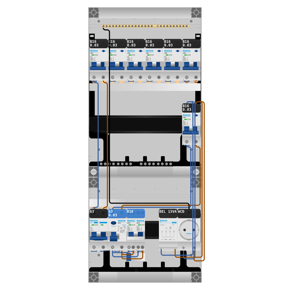 Groepenkast PV-ready 63A 1 fase 7 alamat + beltrafo + wcd + kookgroep