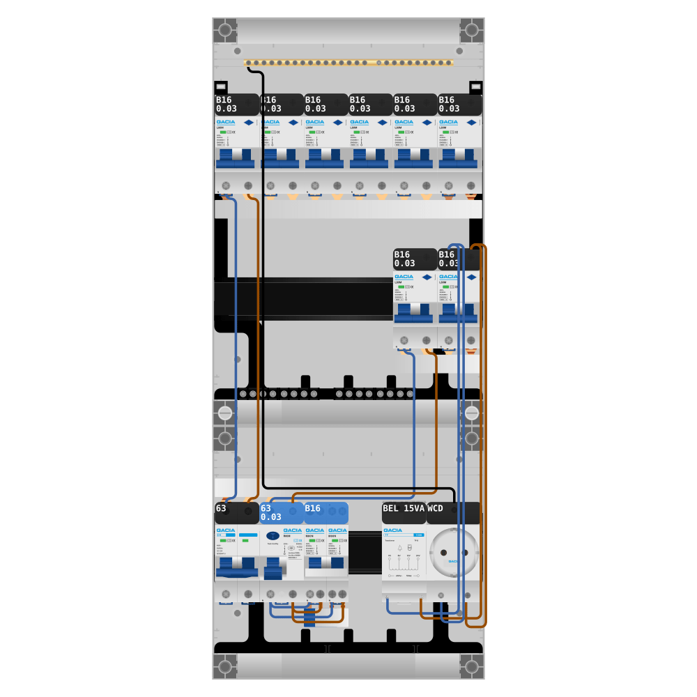 Groepenkast PV-ready 63A 1 fase 8 alamat + beltrafo + wcd + kookgroep