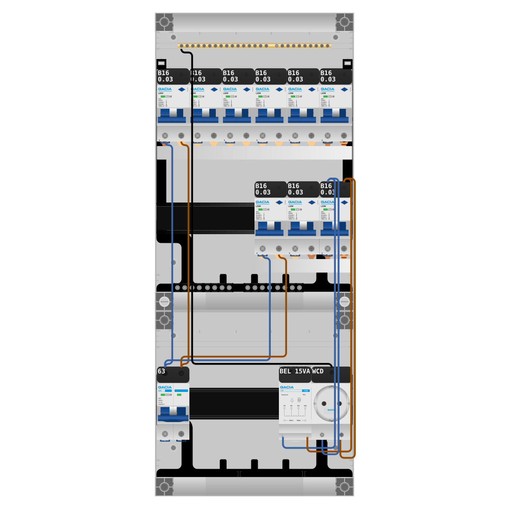 Groepenkast PV-ready 63A 1 fase 9 alamat + beltrafo + wcd