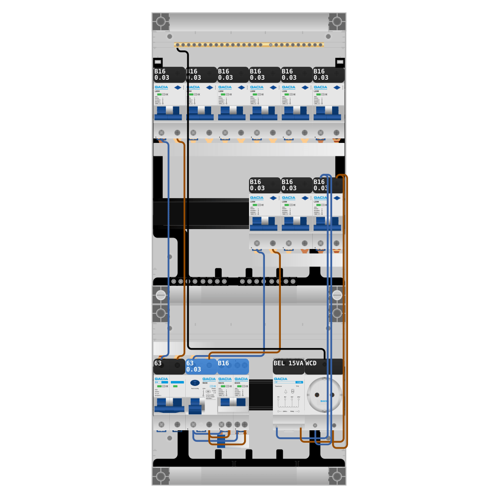 Groepenkast PV-ready 63A 1 fase 9 alamat + beltrafo + wcd + kookgroep