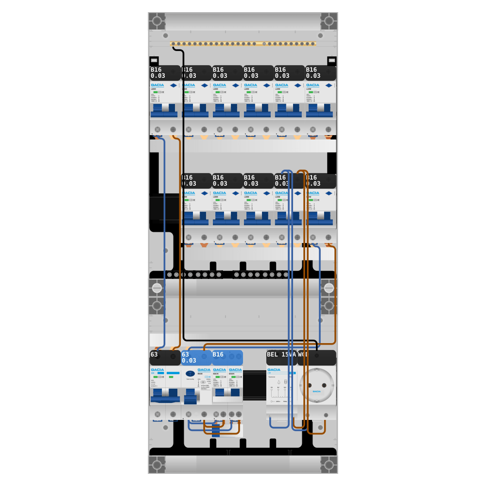 Groepenkast PV-ready 63A 1 fase 11 alamat + beltrafo + wcd + kookgroep