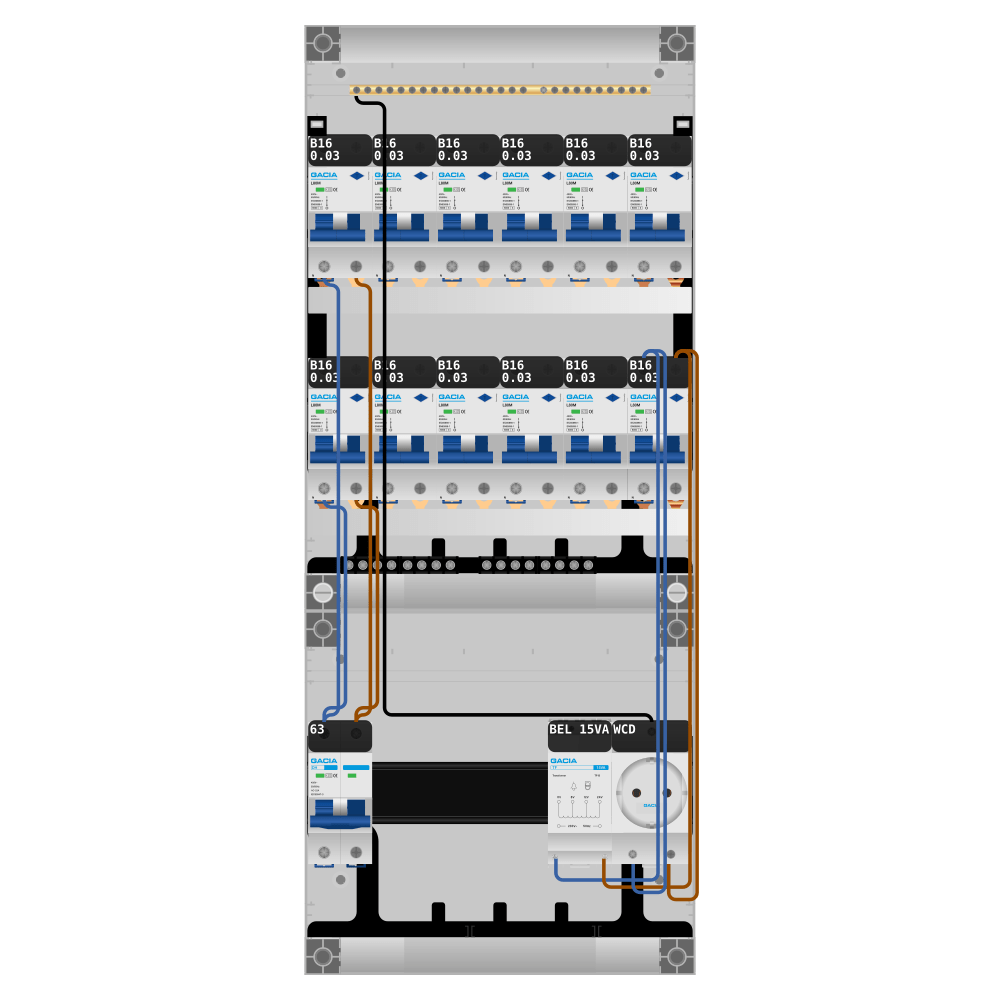 Groepenkast PV-ready 63A 1 fase 12 alamat + beltrafo + wcd