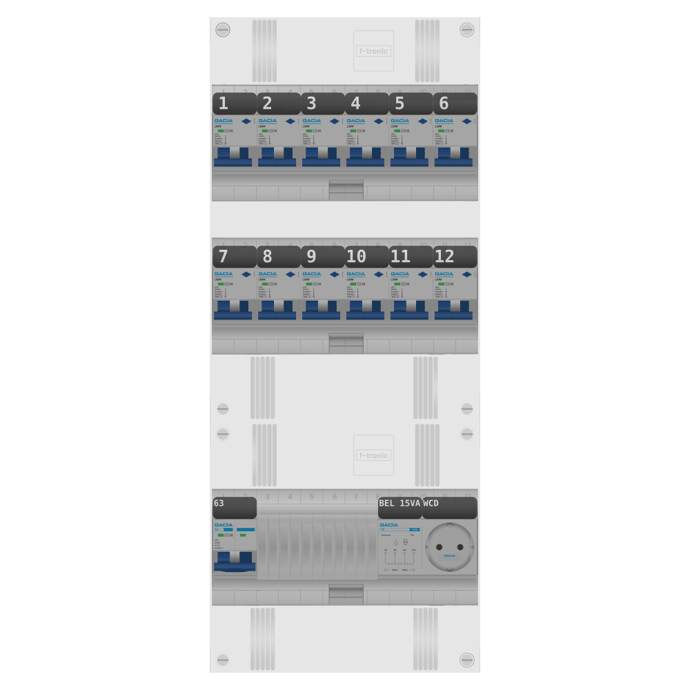 Groepenkast PV-ready 63A 1 fase 12 alamat + beltrafo + wcd