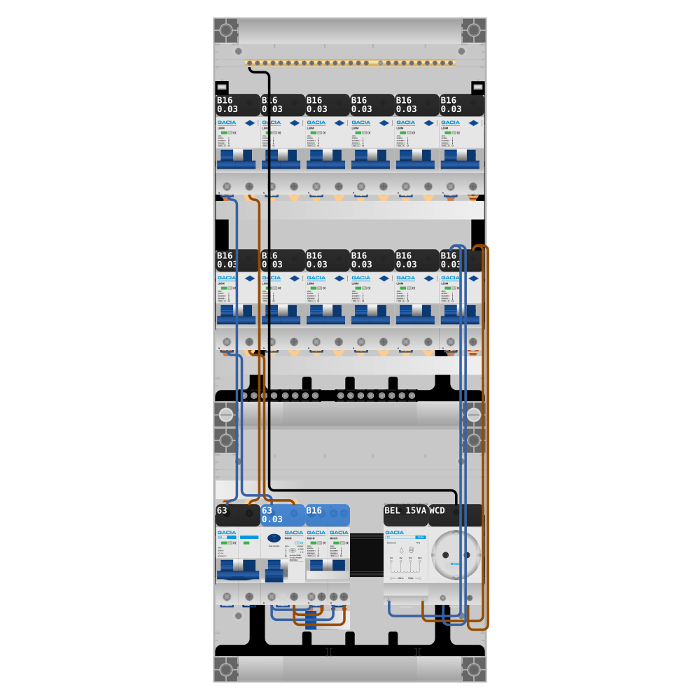 Groepenkast PV-ready 63A 1 fase 12 alamat + beltrafo + wcd + kookgroep