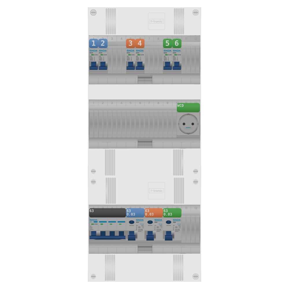 Groepenkast PV-ready 63A 3 fase 6 groepen + wcd