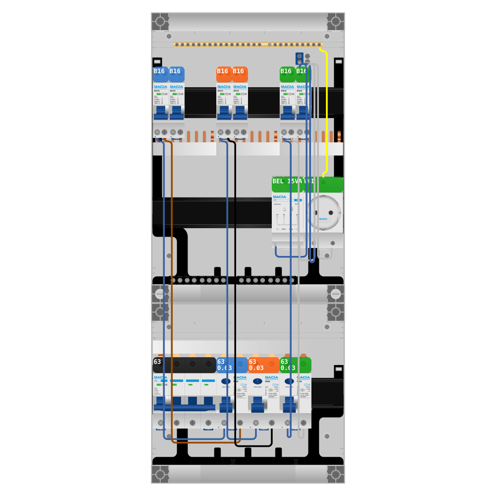 Groepenkast PV-ready 63A 3 fase 6 groepen + beltrafo + wcd