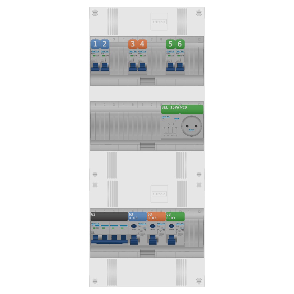 Groepenkast PV-ready 63A 3 fase 6 groepen + beltrafo + wcd