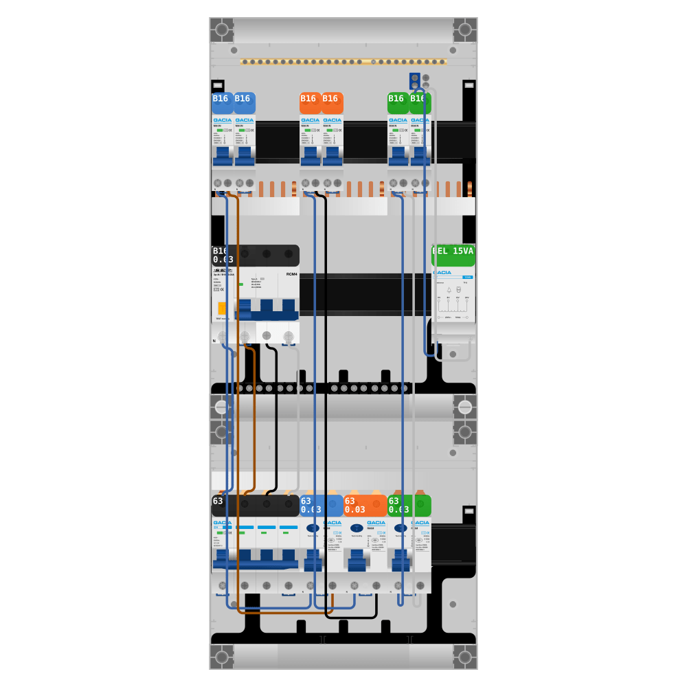 Groepenkast PV-ready 63A 3 fase 6 groepen + beltrafo + kracht