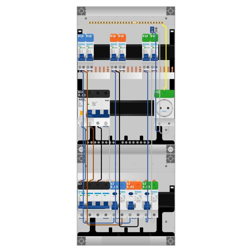 Groepenkast PV-ready 63A 3 fase 6 groepen + wcd + kracht