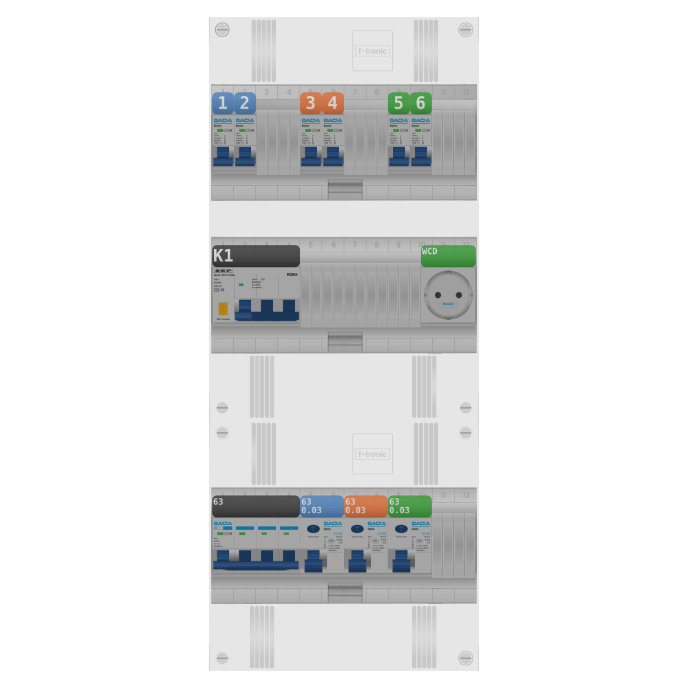 Groepenkast PV-ready 63A 3 fase 6 groepen + wcd + kracht