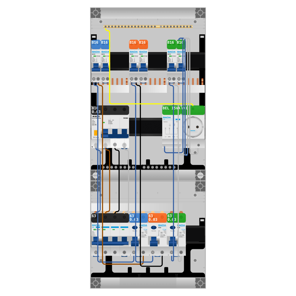 Groepenkast PV-ready 63A 3 fase 6 groepen + beltrafo + wcd + kracht