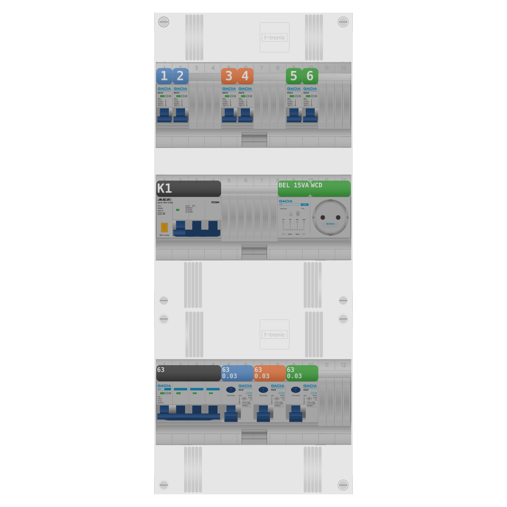 Groepenkast PV-ready 63A 3 fase 6 groepen + beltrafo + wcd + kracht