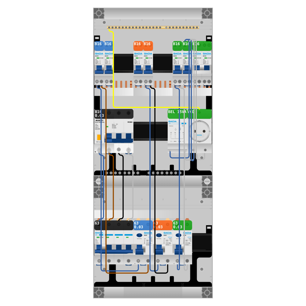 Groepenkast PV-ready 63A 3 fase 6 groepen + beltrafo + wcd + kookgroep + kracht