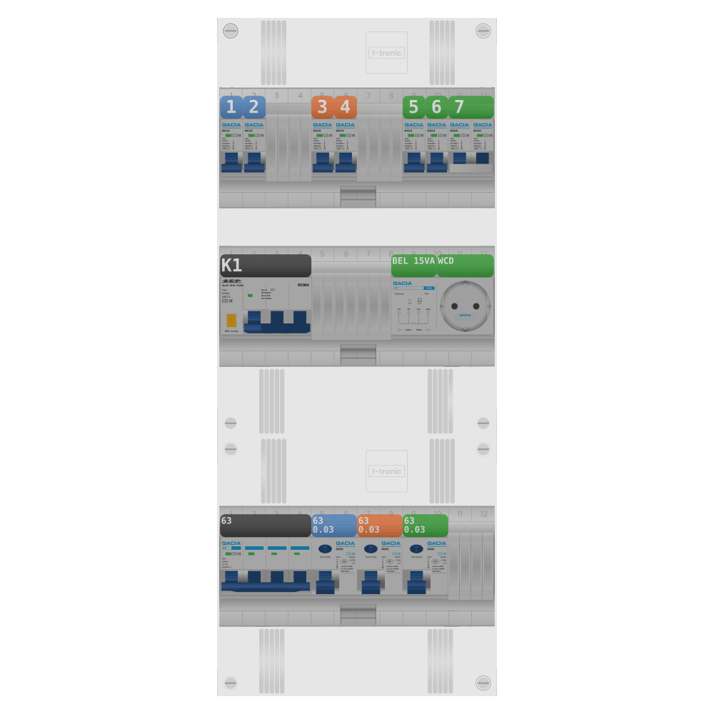 Groepenkast PV-ready 63A 3 fase 6 groepen + beltrafo + wcd + kookgroep + kracht