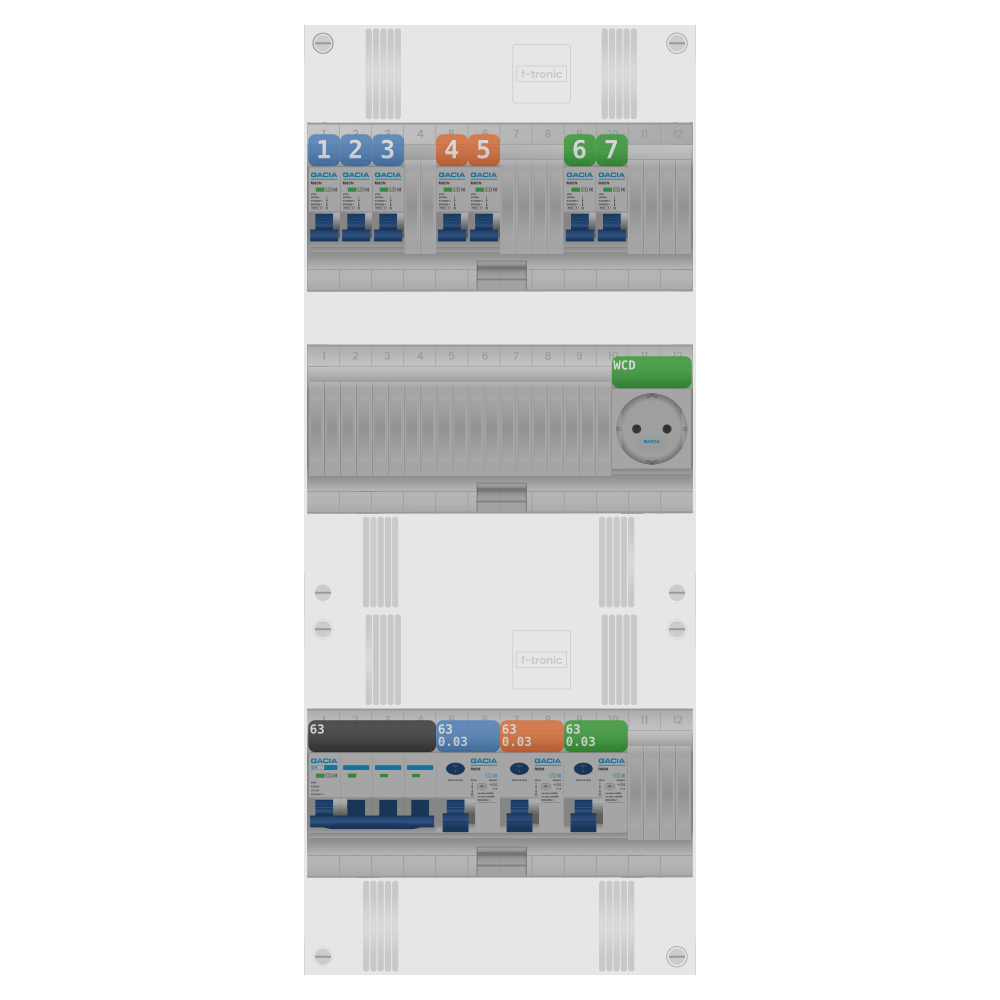 Groepenkast PV-ready 63A 3 fase 7 groepen + wcd