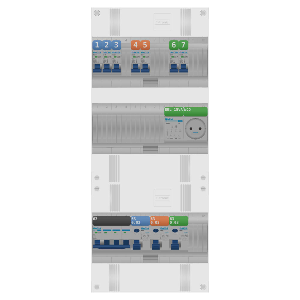 Groepenkast PV-ready 63A 3 fase 7 groepen + beltrafo + wcd