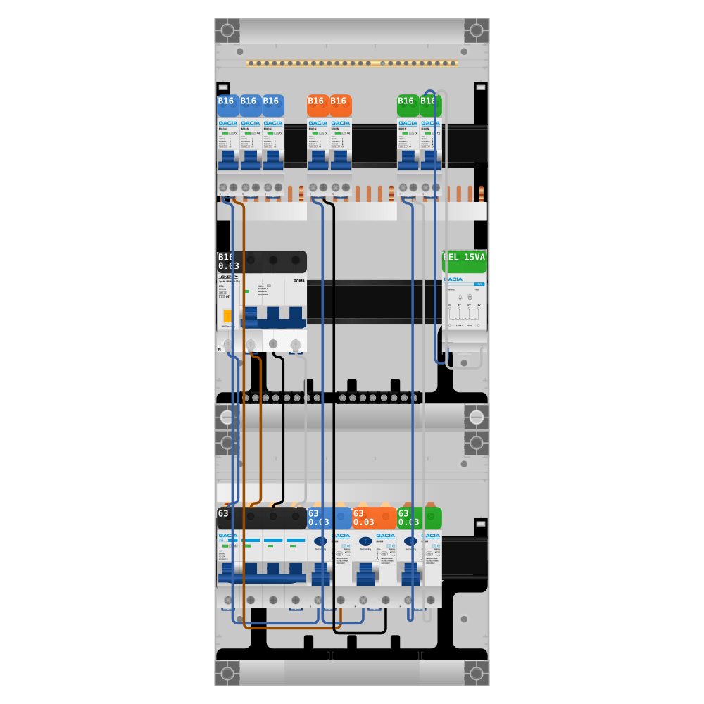 Groepenkast PV-ready 63A 3 fase 7 groepen + beltrafo + kracht