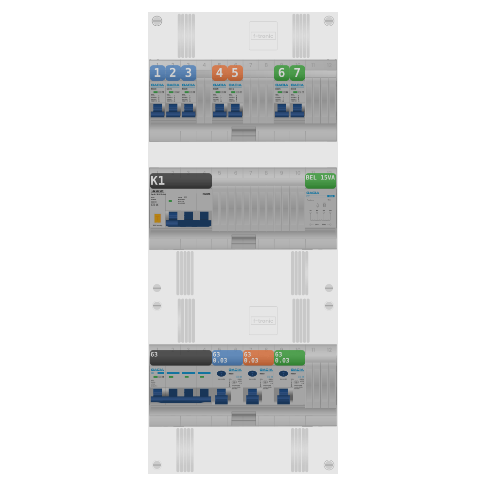 Groepenkast PV-ready 63A 3 fase 7 groepen + beltrafo + kracht