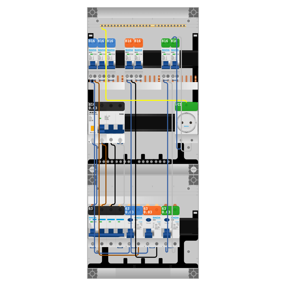 Groepenkast PV-ready 63A 3 fase 7 groepen + wcd + kracht
