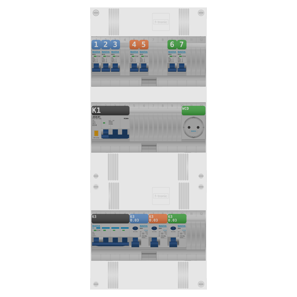 Groepenkast PV-ready 63A 3 fase 7 groepen + wcd + kracht