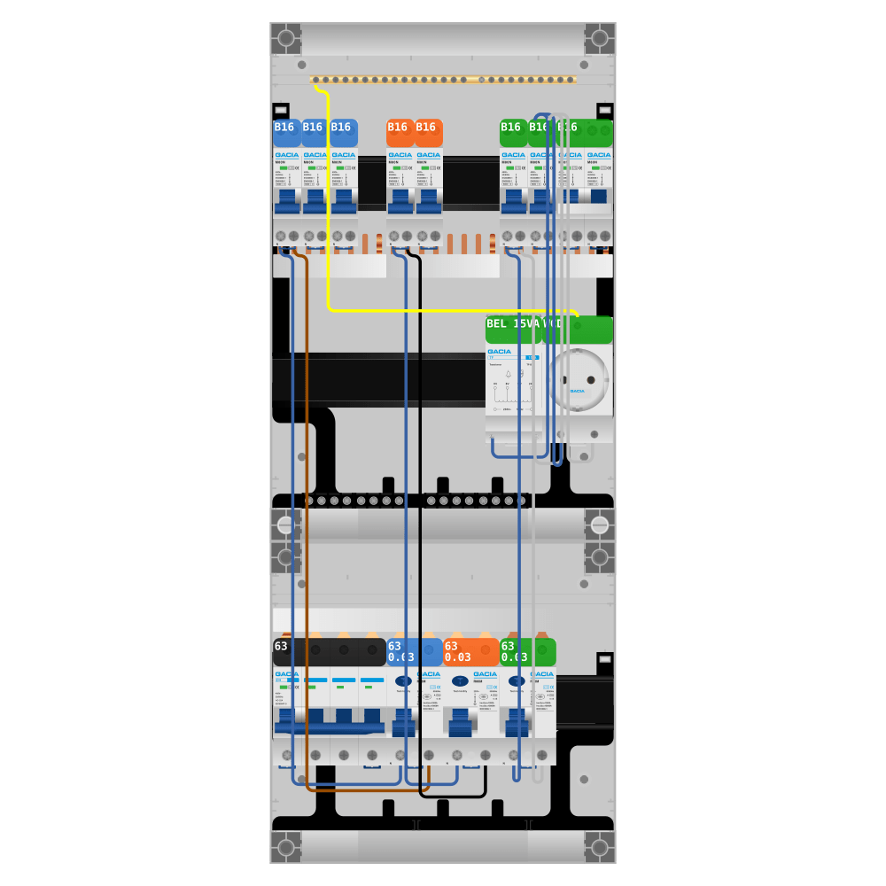 Groepenkast PV-ready 63A 3 fase 7 groepen + beltrafo + wcd + kookgroep
