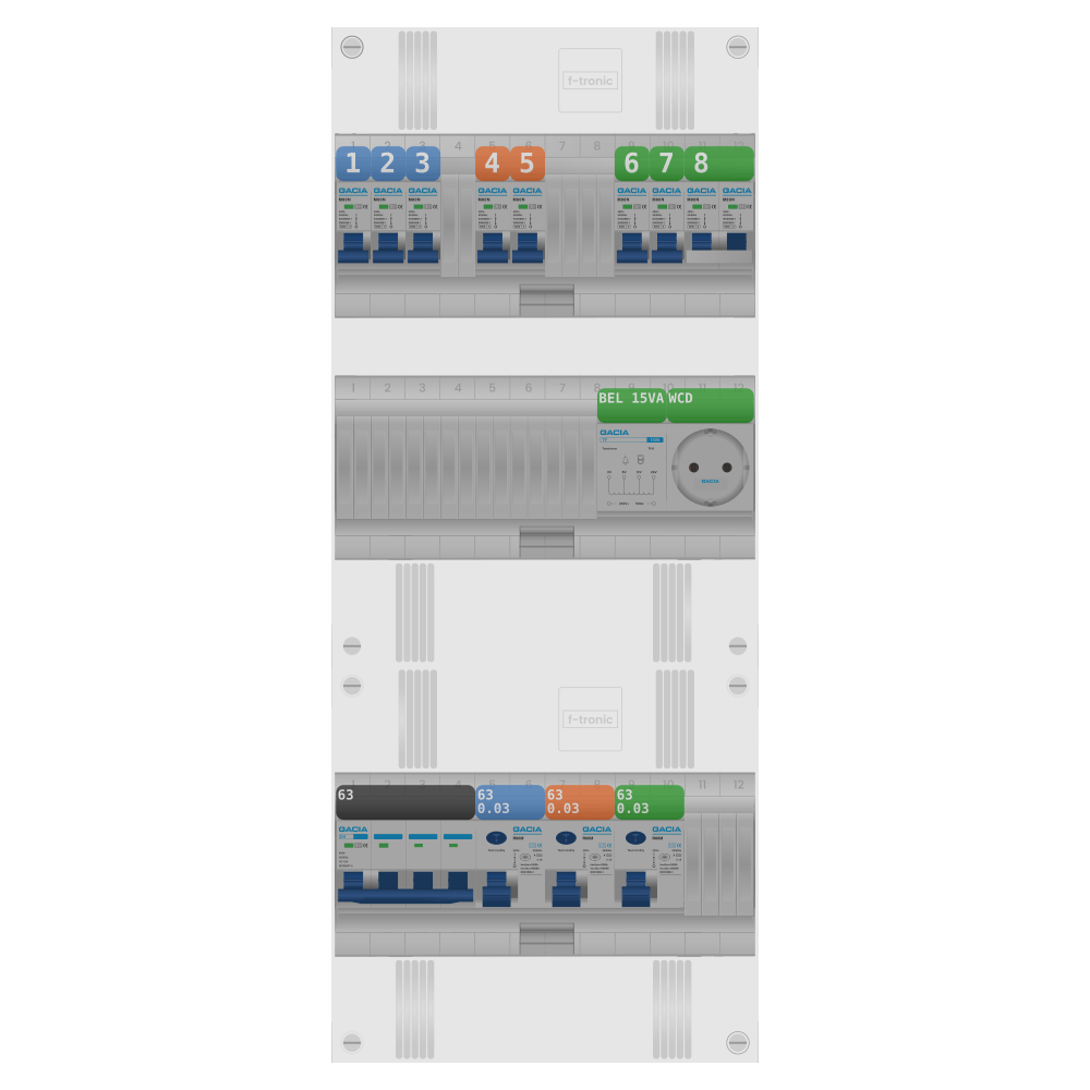 Groepenkast PV-ready 63A 3 fase 7 groepen + beltrafo + wcd + kookgroep