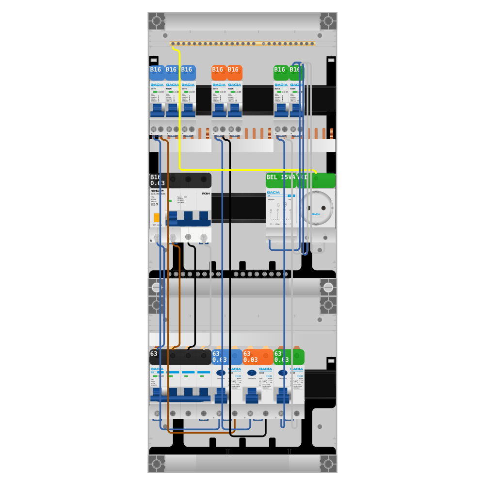 Groepenkast PV-ready 63A 3 fase 7 groepen + beltrafo + wcd + kracht