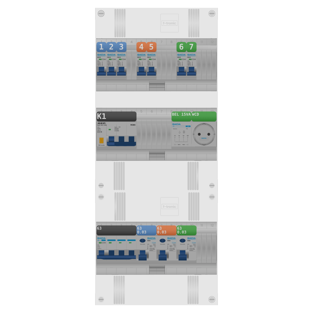 Groepenkast PV-ready 63A 3 fase 7 groepen + beltrafo + wcd + kracht