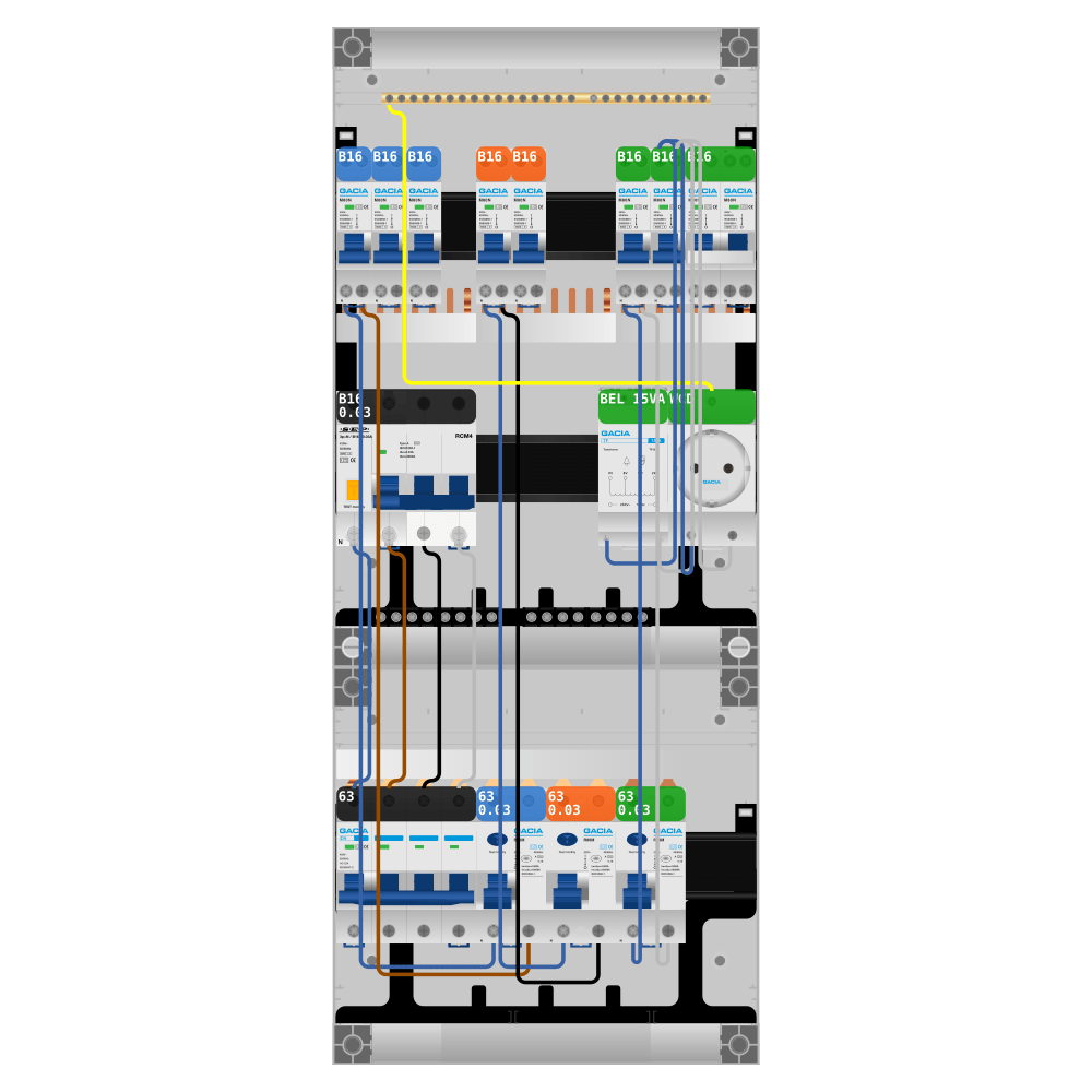 Groepenkast PV-ready 63A 3 fase 7 groepen + beltrafo + wcd + kookgroep + kracht